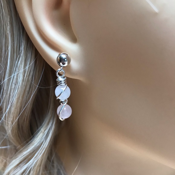 Rose Quartz Earrings- Rose Quartz Sterling Silver Dangle Stud Earrings - Picture 2 of 4